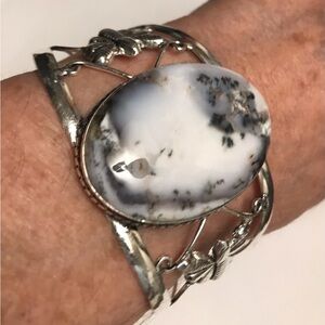 Dendritic Opal Stamped 925 Sterling Silver Cuff Bracelet